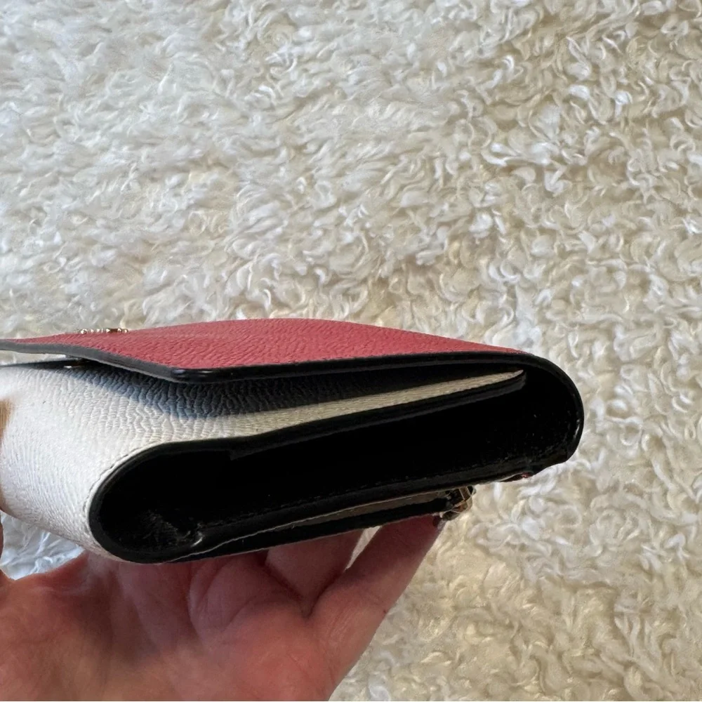 Coach Trifold Color Block Red & Cream Ivory Pebbled Leather Wallet